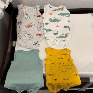Set of Three Baby Bodysuits in Green, White, and Yellow